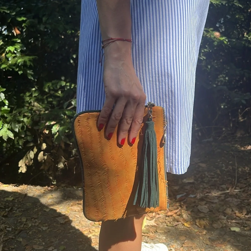 Orange suede green leather pouch